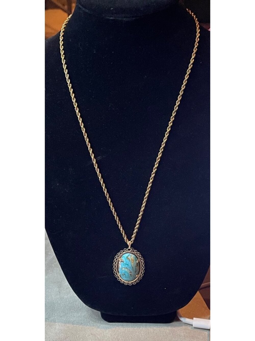Vintage Krementz Gold Filled Overlay Chain Simulated Turquoise Cabochon Pendant